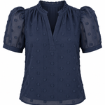 A navy blue short-sleeve blouse with puff sleeves, a ruffled split neckline, and a textured polka-dot pattern, shown against a plain white background.