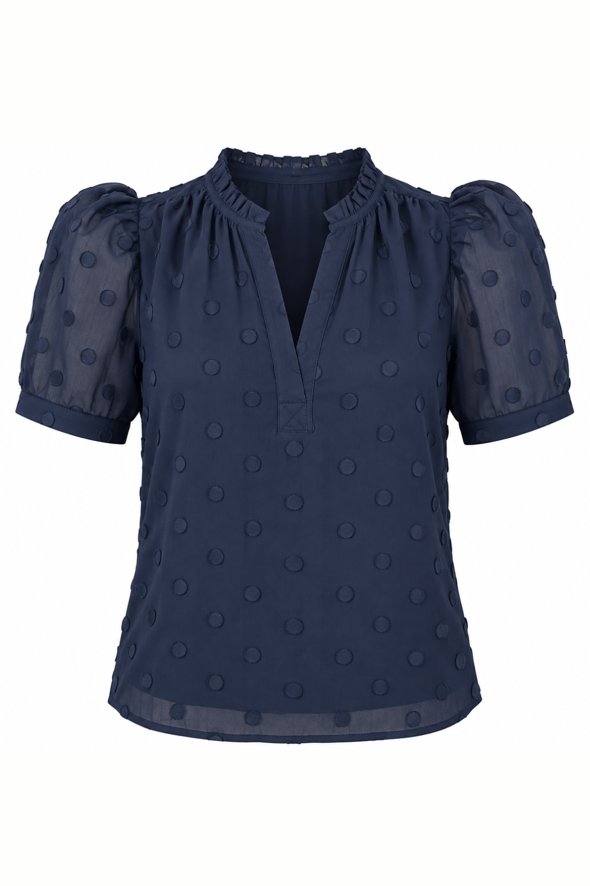 A navy blue short-sleeve blouse with puff sleeves, a ruffled split neckline, and a textured polka-dot pattern, shown against a plain white background.