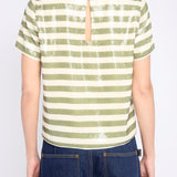 Striped top with subtle sequin detailing, styled for evening wear