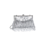 Silver fringe clutch bag on a white background