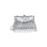Silver fringe clutch bag on a white background