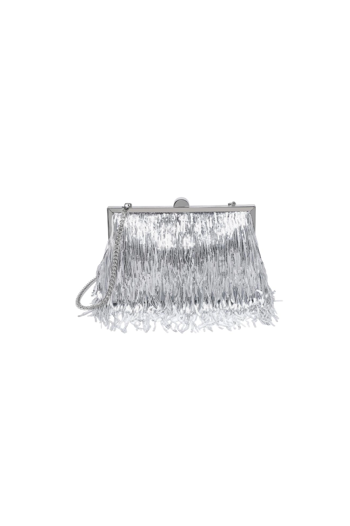 Silver fringe clutch bag on a white background