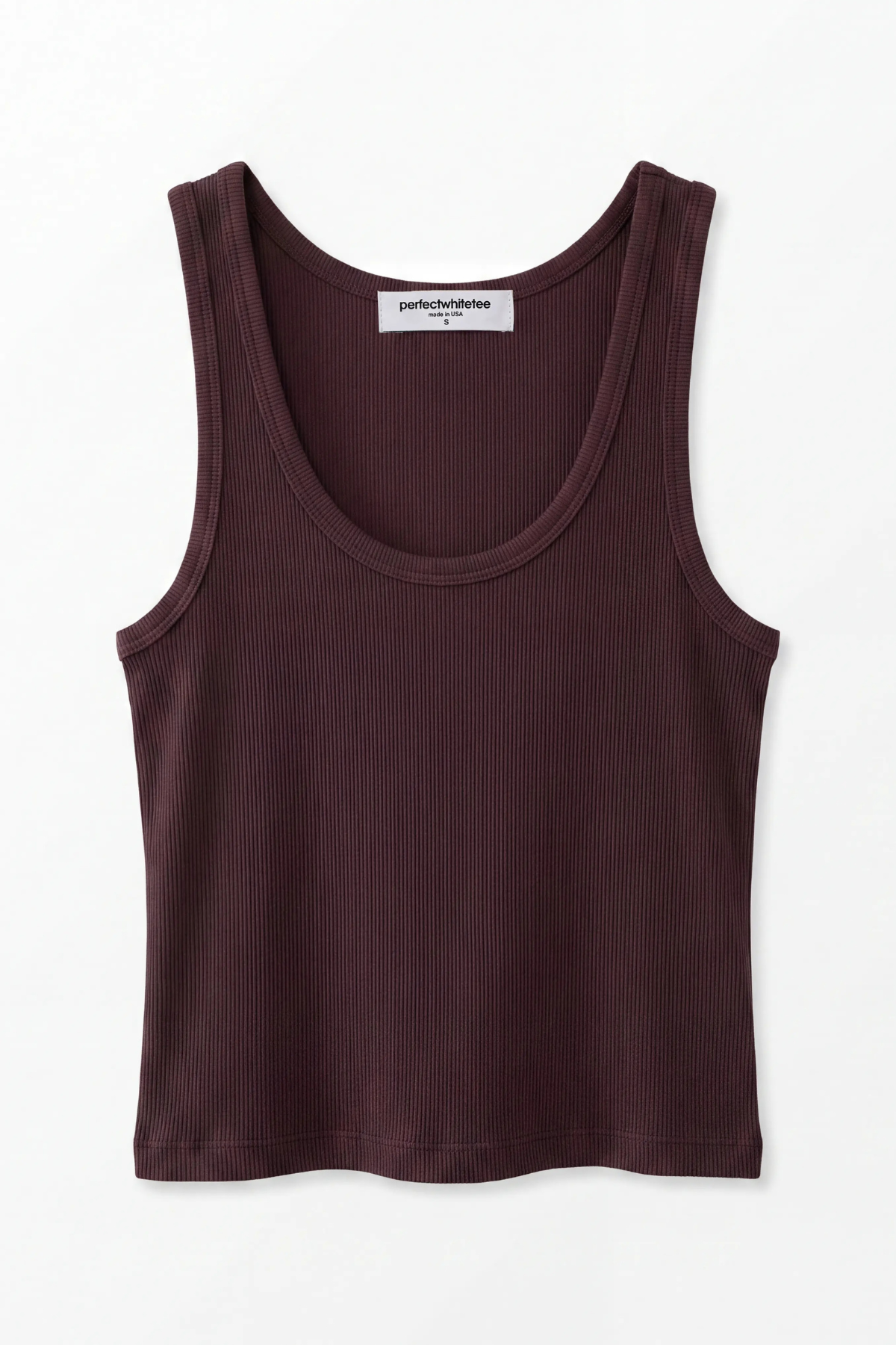 A sleeveless ribbed tank top in a deep plum-brown color, displayed flat against a clean white background. The brand name 'sophistication.