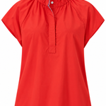 A bright red short-sleeve blouse with a gathered high neck and a buttoned placket, shown on a plain white background.