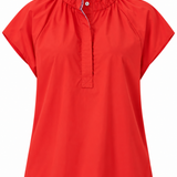 A bright red short-sleeve blouse with a gathered high neck and a buttoned placket, shown on a plain white background.