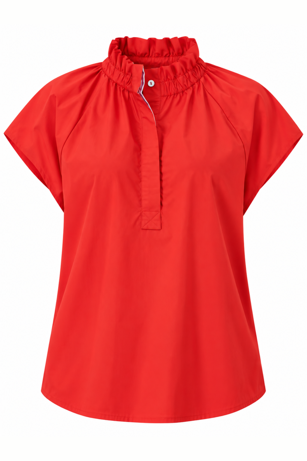 A bright red short-sleeve blouse with a gathered high neck and a buttoned placket, shown on a plain white background.