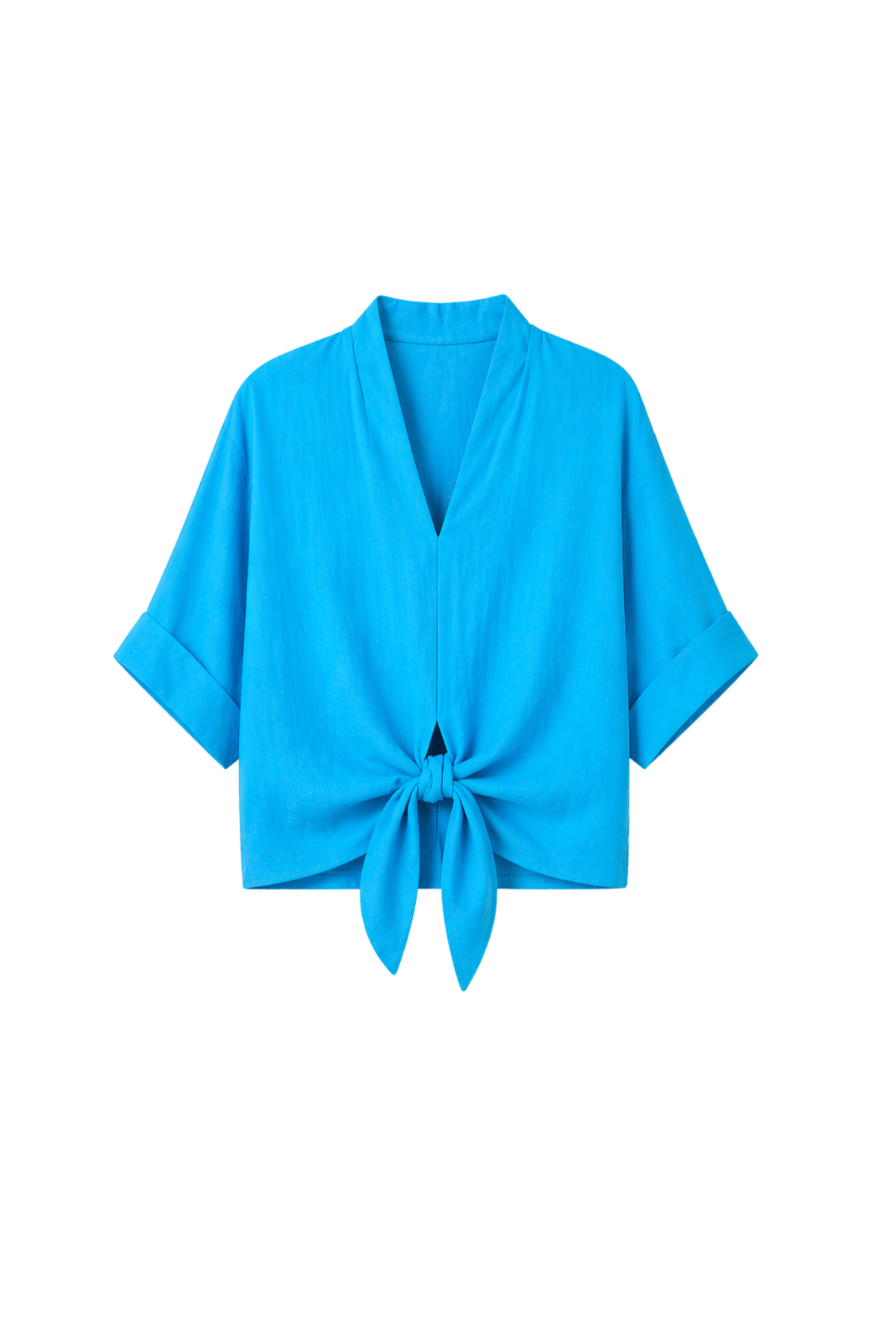 Blue kimono-style top with a knot detail on a white background