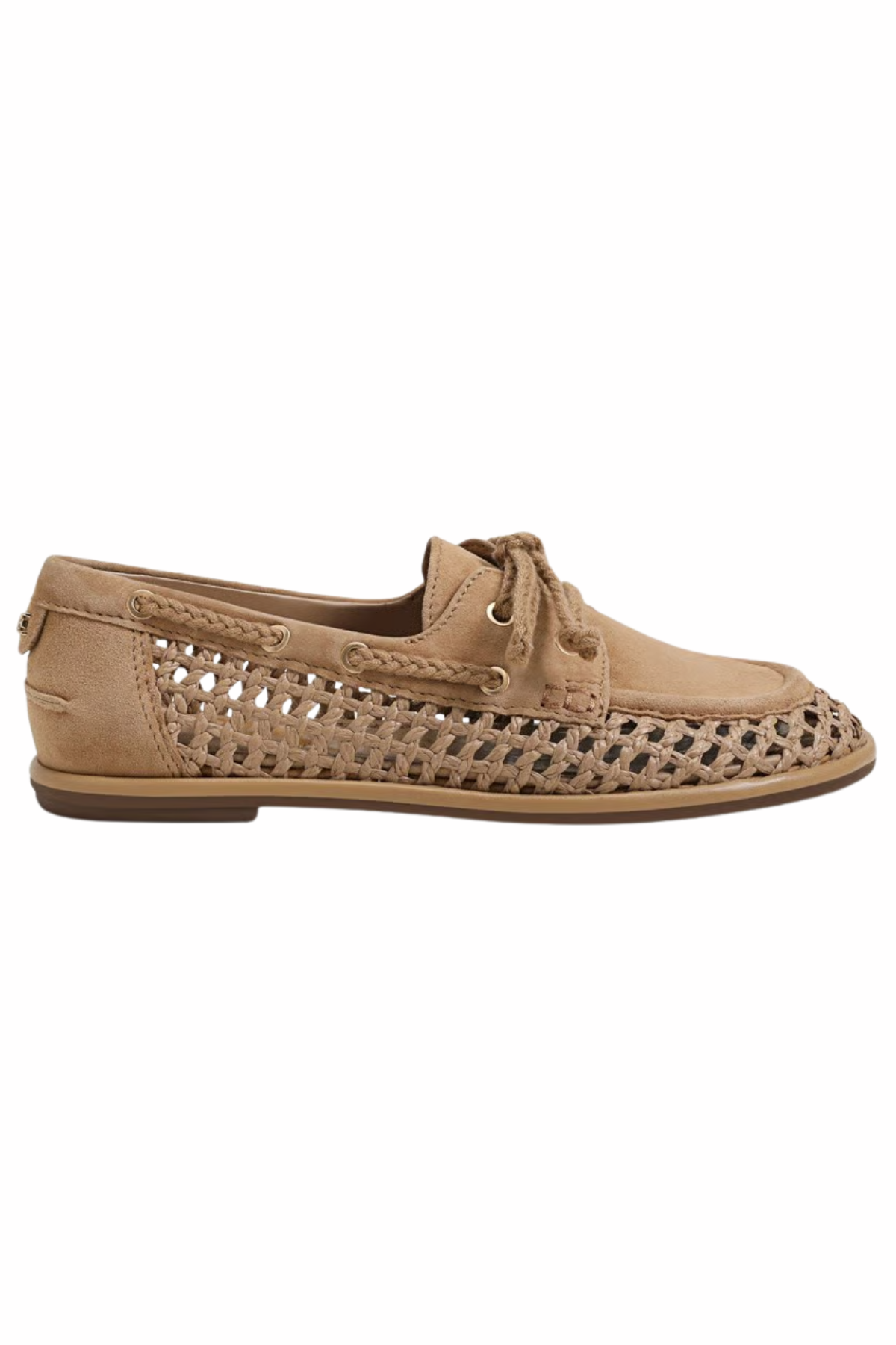 womens woven boat shoe on white background side view 