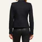 Women's black military-inspired jacket featuring long sleeves and a structured tailored silhouette.