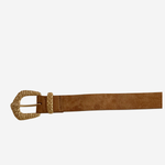 A brown suede belt with a textured, woven gold-tone metal buckle, shown horizontally against a plain light gray background.