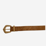 A brown suede belt with a textured, woven gold-tone metal buckle, shown horizontally against a plain light gray background.