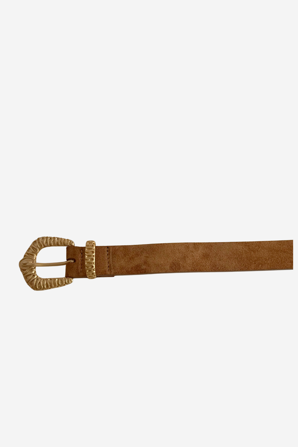A brown suede belt with a textured, woven gold-tone metal buckle, shown horizontally against a plain light gray background.