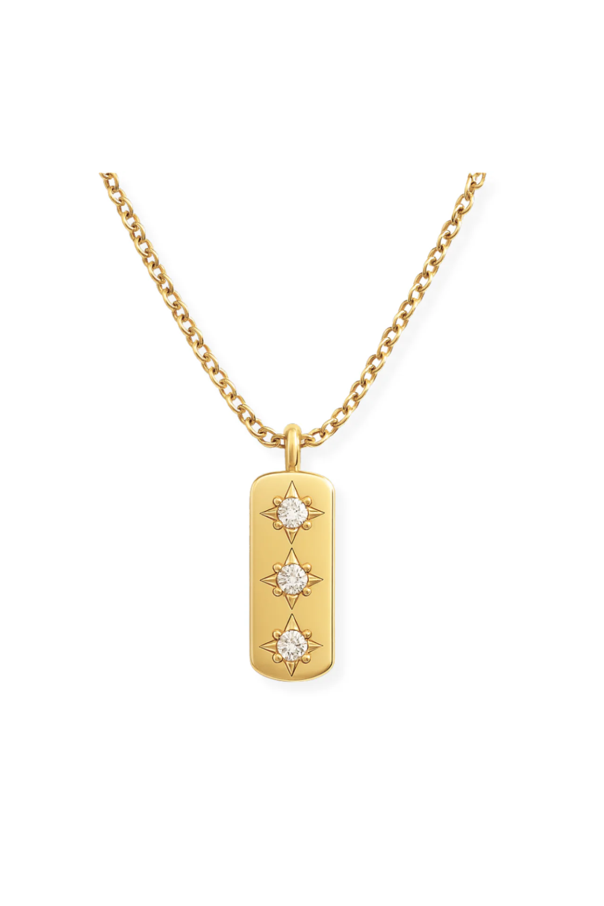 Gold necklace with a rectangular pendant featuring three star-shaped diamonds on a white background
