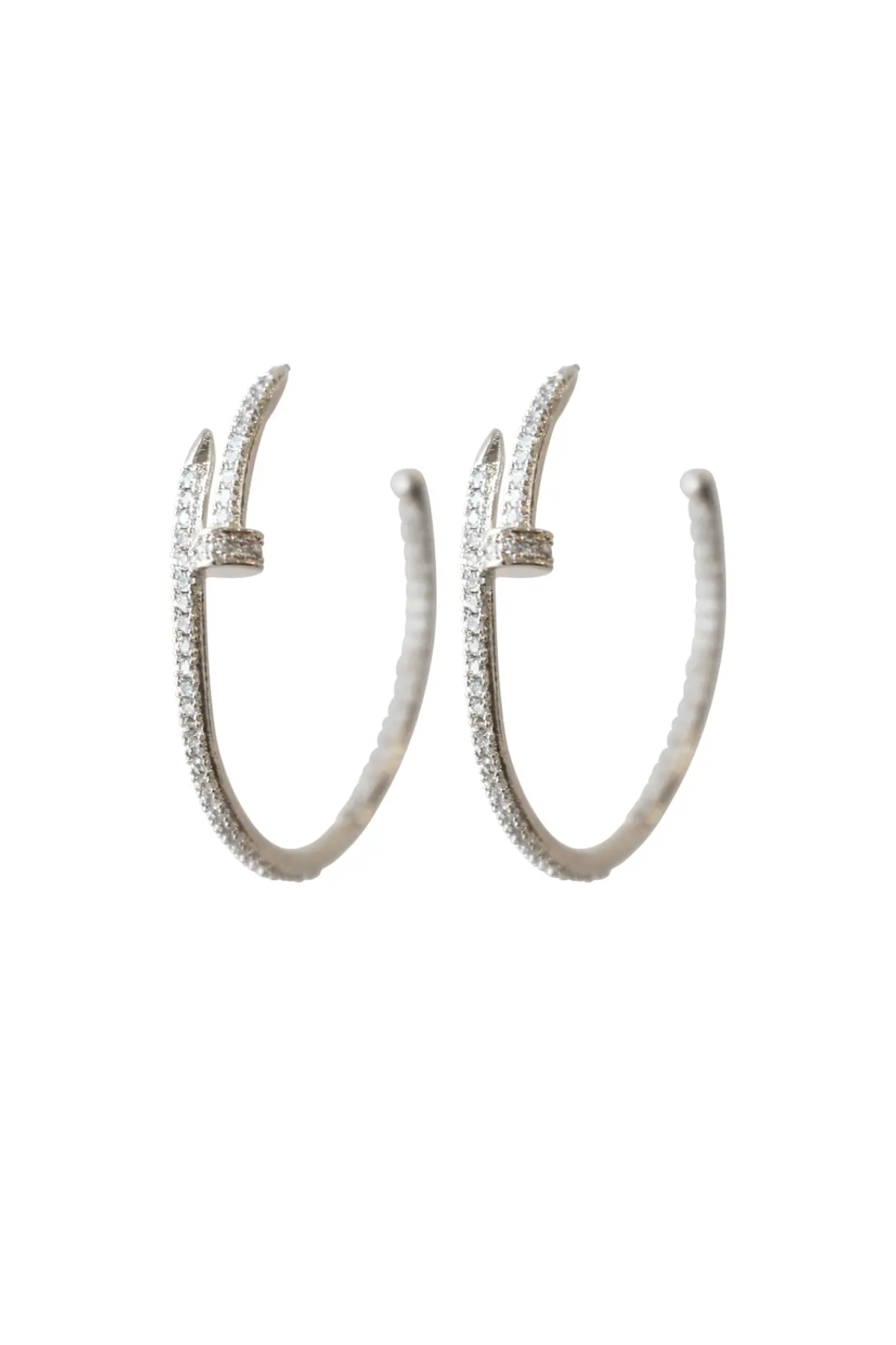 Pair of silver hoop earrings with small stones on a white background