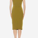 A woman viewed from the back wearing a knee-length olive yellow dress with cap sleeves and black high-heeled sandals, against a plain light gray studio background.
