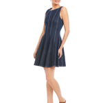 Woman wearing a blue dress on a white background