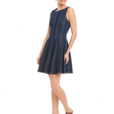 Woman wearing a blue dress on a white background