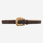 Women's dark belt featuring textured feathered-edge detailing and a polished buckle.