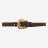 Women's dark belt featuring textured feathered-edge detailing and a polished buckle.
