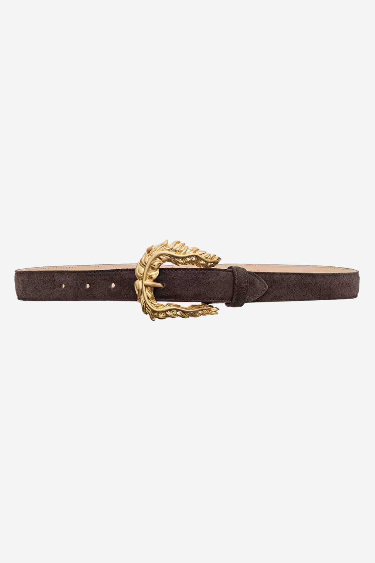 Women's dark belt featuring textured feathered-edge detailing and a polished buckle.