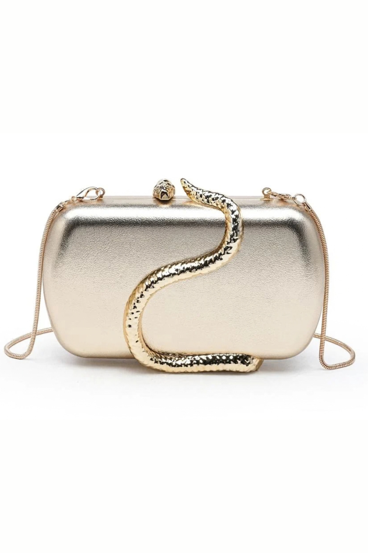 A metallic gold clutch bag with a sculptural snake design wrapping around the front, set against a plain white background.