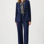 Model wearing navy scuba crepe pull-on wide-leg pants.