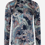 A long-sleeve button-up shirt with a detailed paisley pattern in navy blue, teal, beige, and rust orange, displayed on a clean white background.