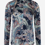 A long-sleeve button-up shirt with a detailed paisley pattern in navy blue, teal, beige, and rust orange, displayed on a clean white background.