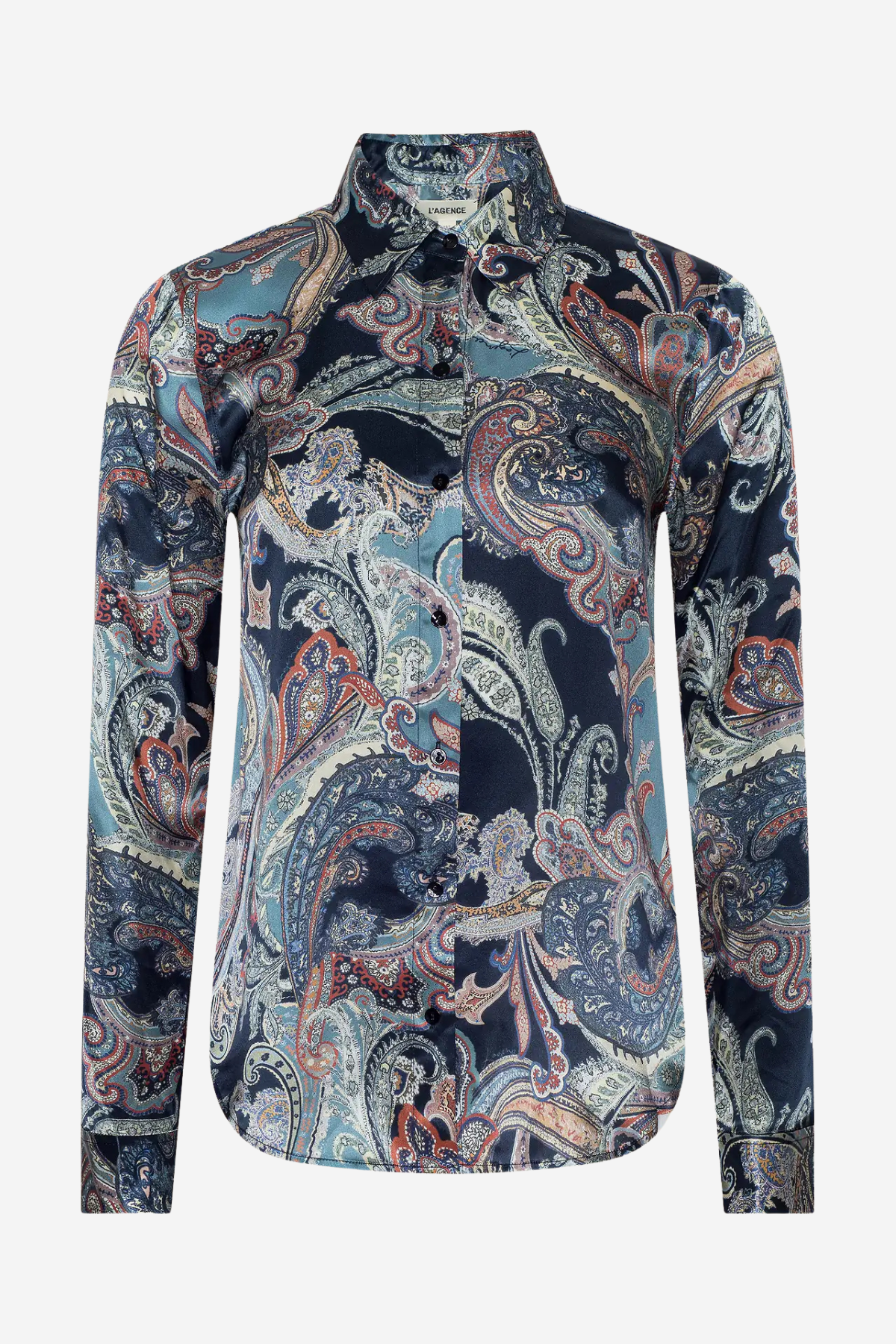 A long-sleeve button-up shirt with a detailed paisley pattern in navy blue, teal, beige, and rust orange, displayed on a clean white background.