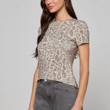 Short-sleeve crewneck top with patch-style leopard print
