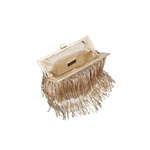 Beige clutch bag with fringe details on a white background