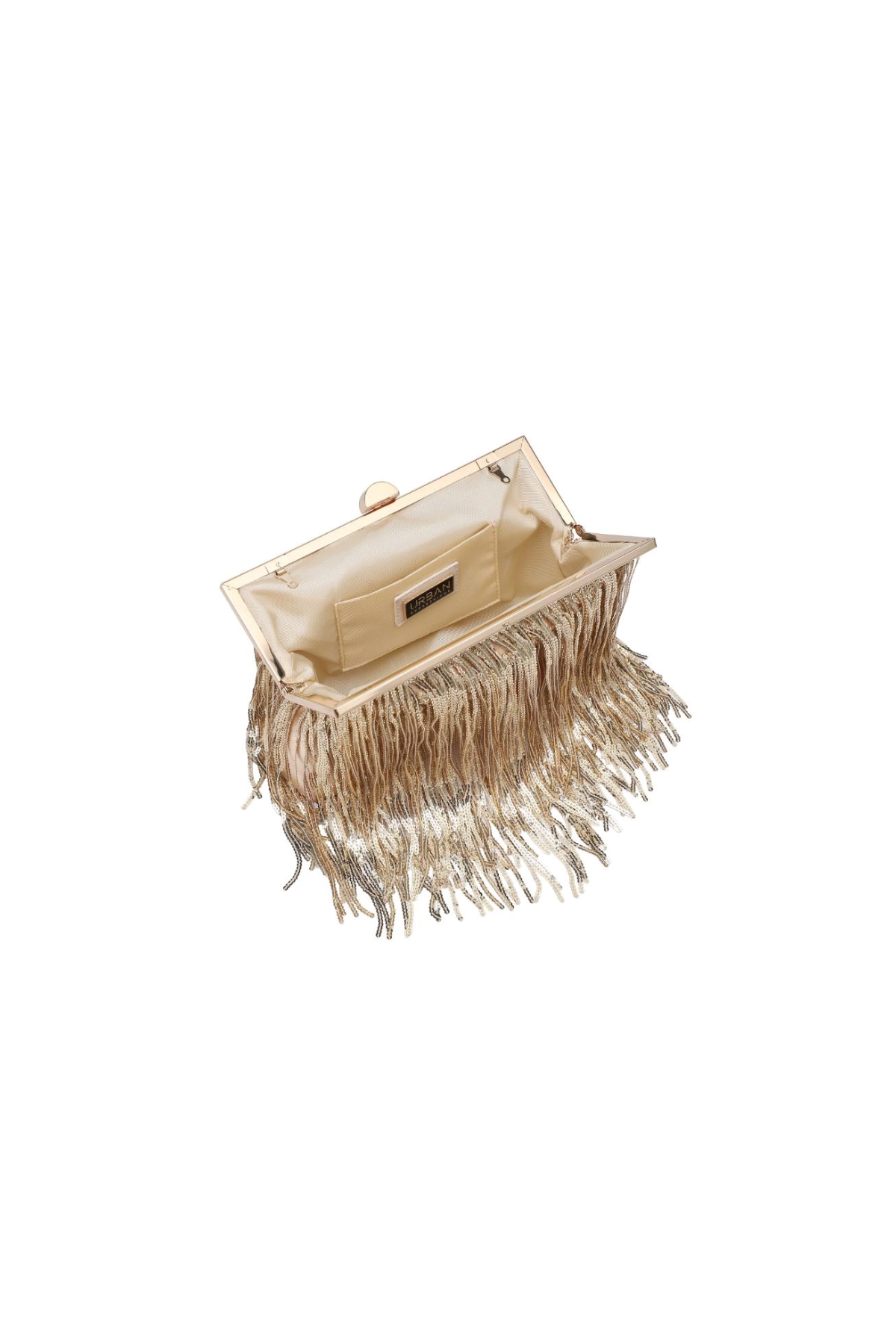 Beige clutch bag with fringe details on a white background