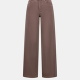 Women's wide-leg stretch jeans featuring a high-rise waist, classic five-pocket styling, and a full-length silhouette.