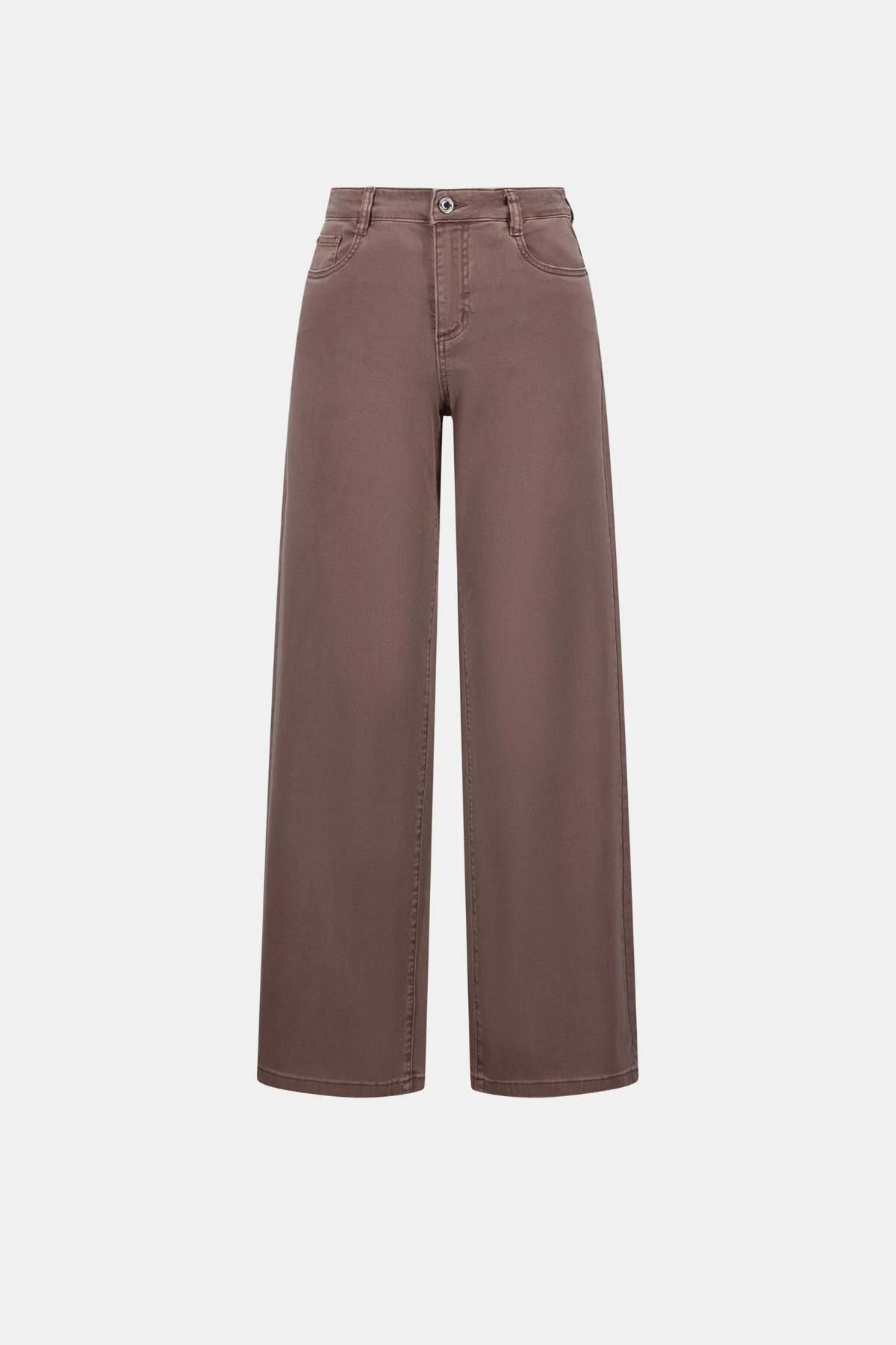 Women's wide-leg stretch jeans featuring a high-rise waist, classic five-pocket styling, and a full-length silhouette.