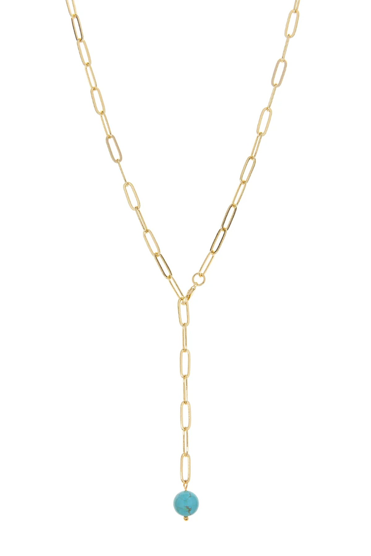 Gold chain necklace with a turquoise pendant on a white background