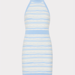 Striped dress with blue and white pattern on a light gray background
