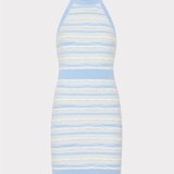 Striped dress with blue and white pattern on a light gray background