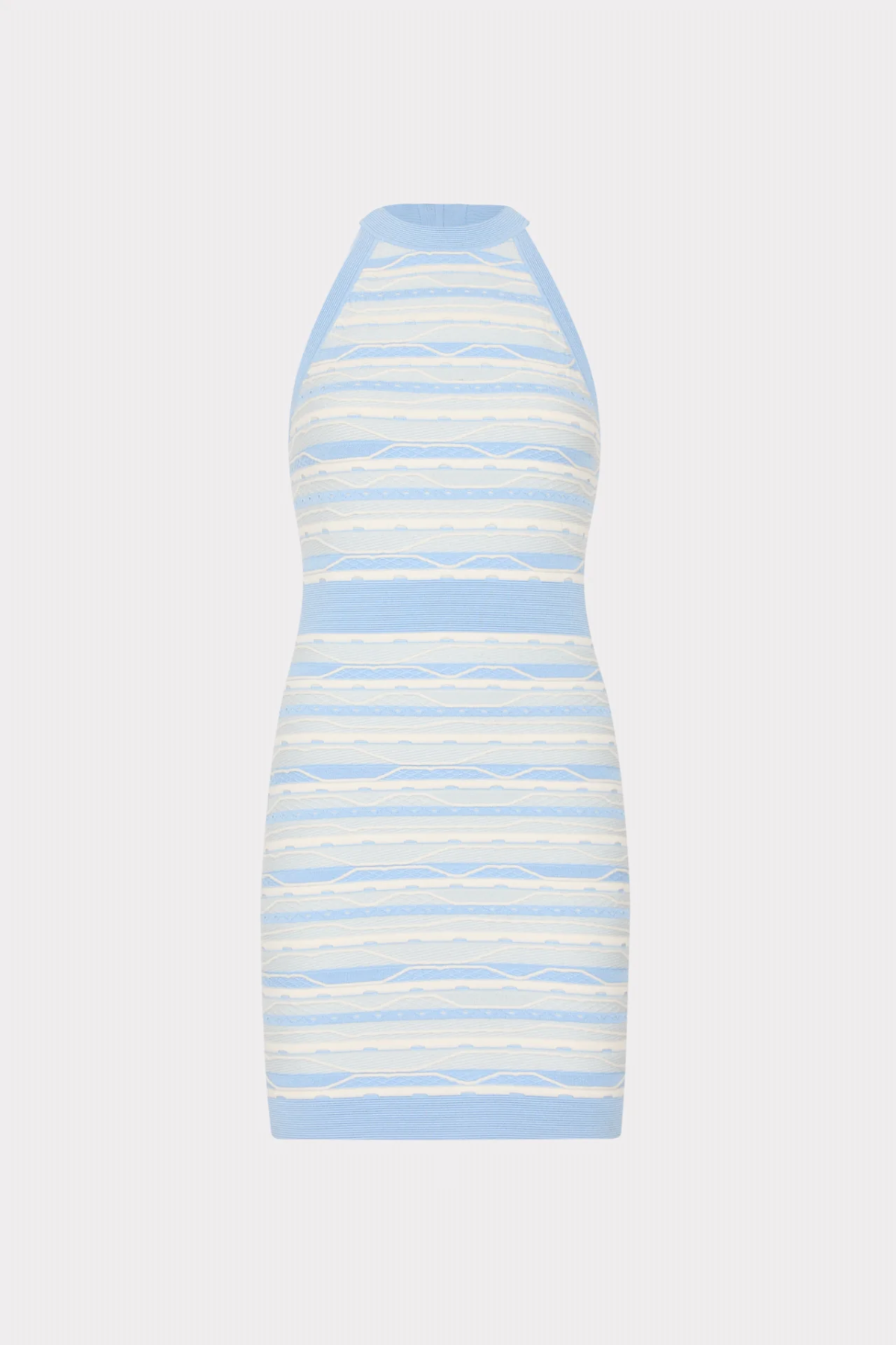 Striped dress with blue and white pattern on a light gray background