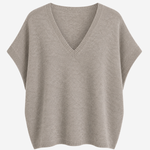 A light taupe knit sweater with a V-neck and short cape sleeves, shown against a plain white background.