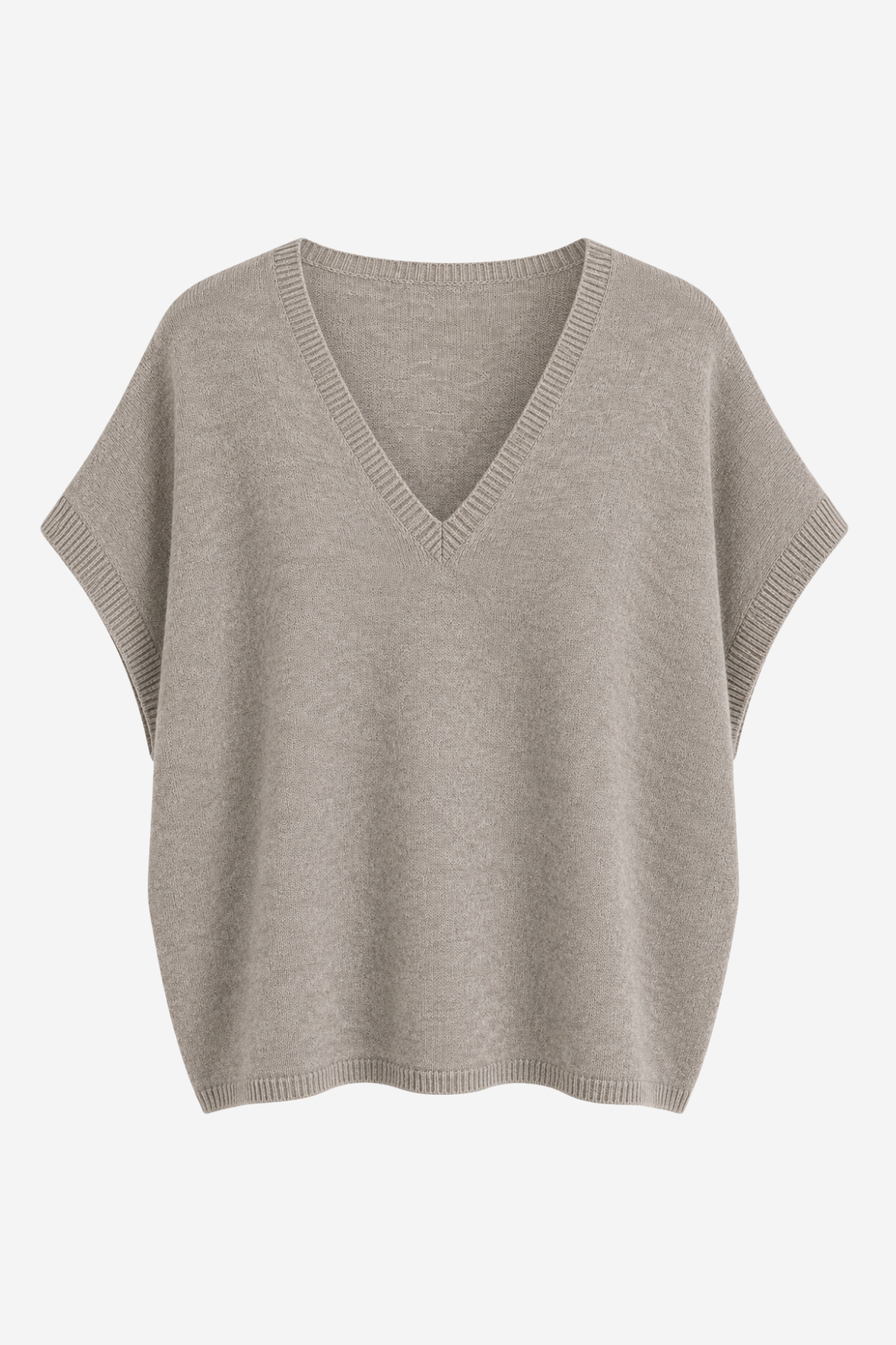 A light taupe knit sweater with a V-neck and short cape sleeves, shown against a plain white background.
