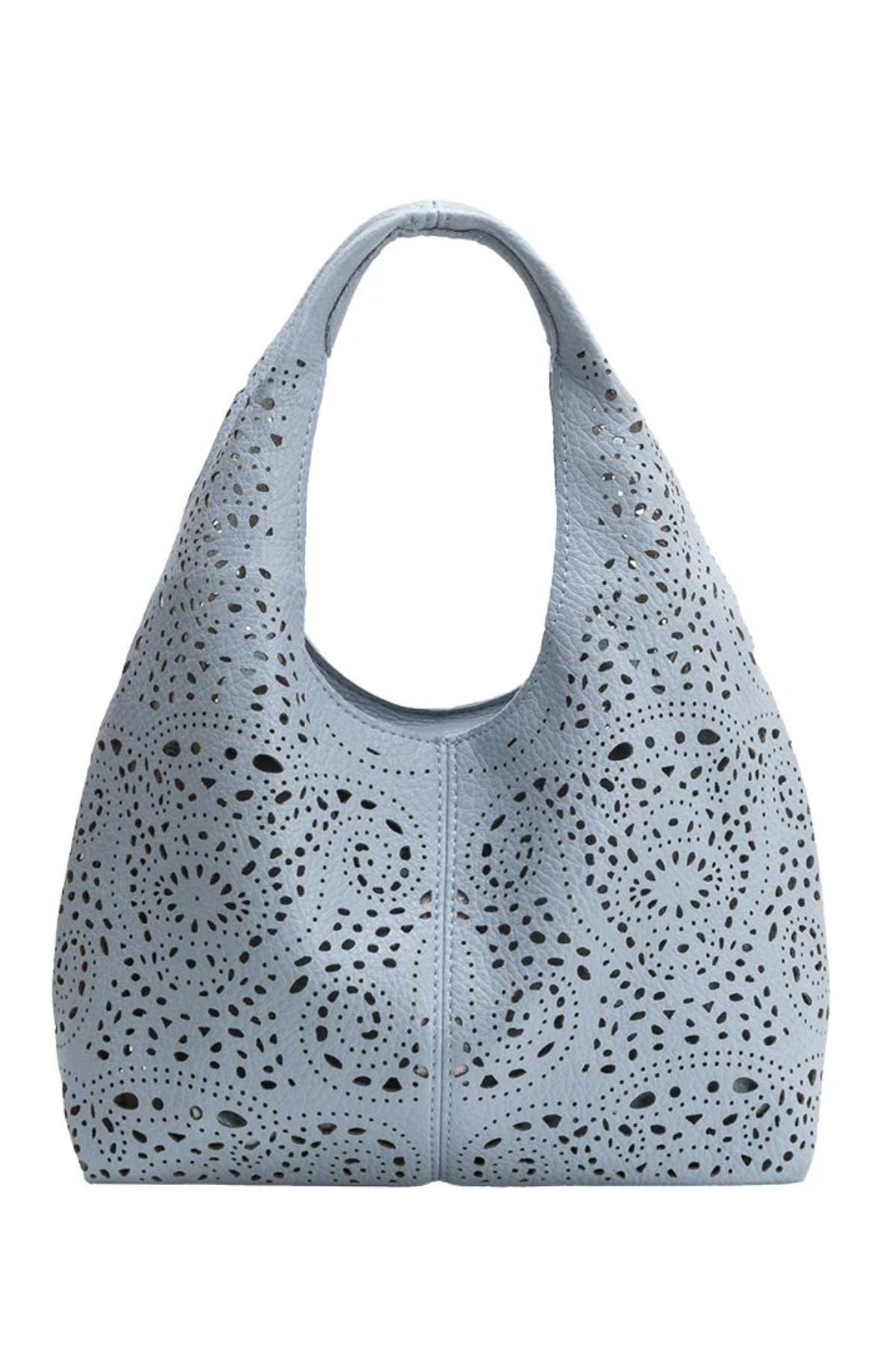 Light blue handbag with perforated design on a white background