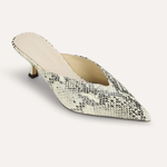 Snake print pointed-toe shoe on a white background