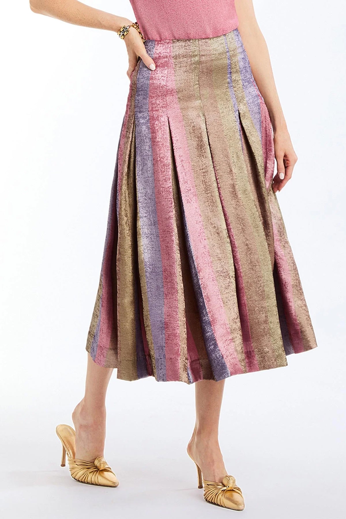 Pleated midi skirt with a soft, flowing silhouette and multicolor tones