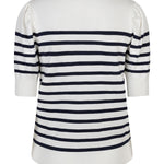 White blouse with navy stripes on a white background