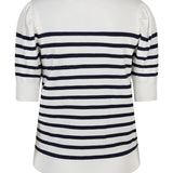 White blouse with navy stripes on a white background