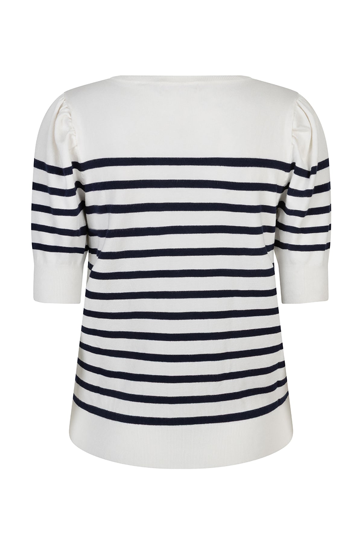 White blouse with navy stripes on a white background