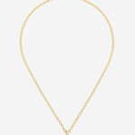 A delicate gold chain necklace with a small horizontal bar pendant featuring a central round stone, displayed against a light gray background.