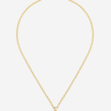 A delicate gold chain necklace with a small horizontal bar pendant featuring a central round stone, displayed against a light gray background.