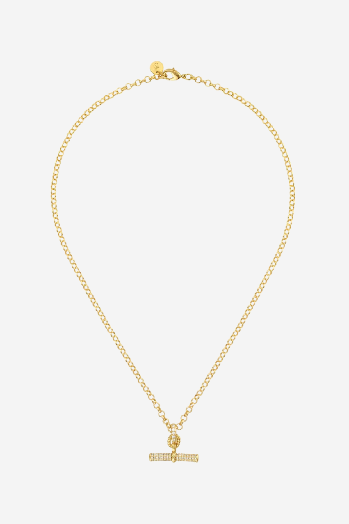 A delicate gold chain necklace with a small horizontal bar pendant featuring a central round stone, displayed against a light gray background.