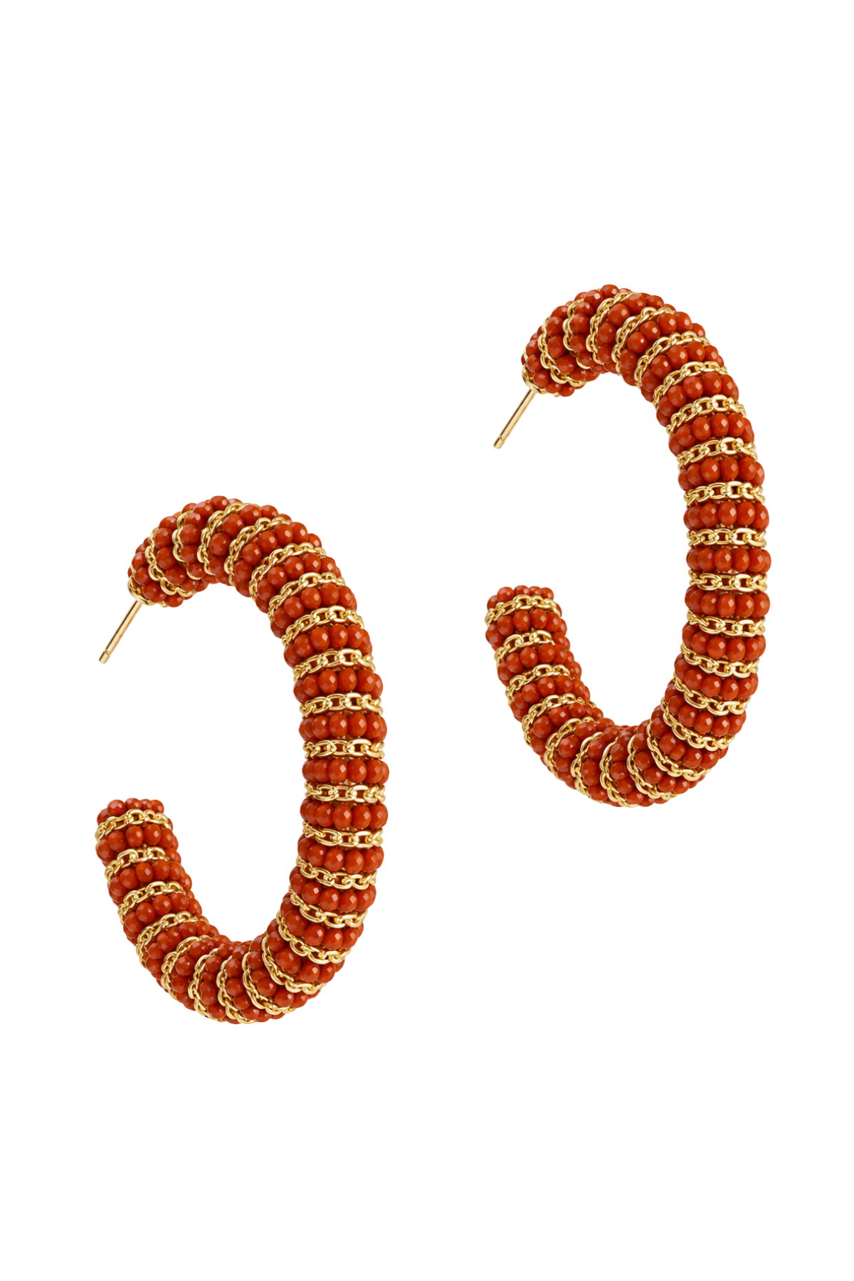Pair of hoop earrings with gemstone embellishments on a white background